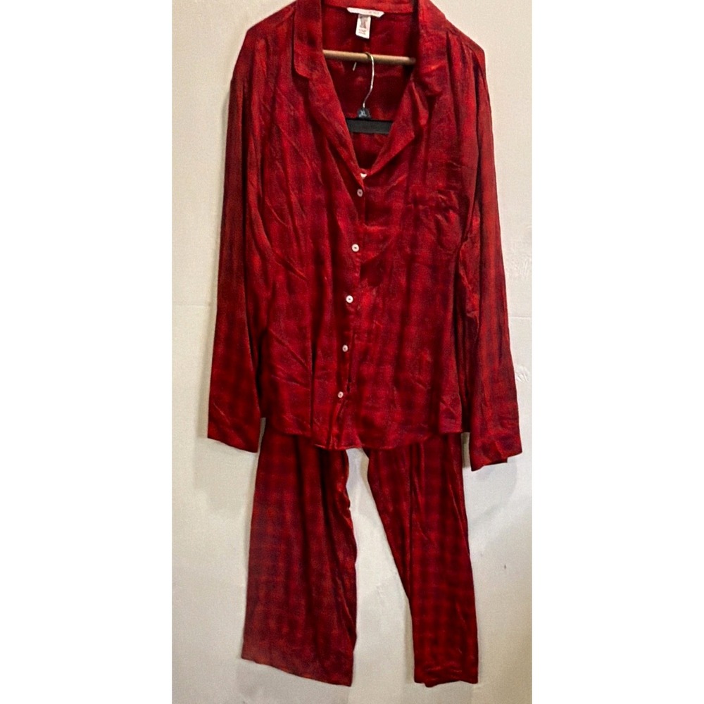 Victoria's Secret Womens XL Red/Black Plaid Flannel Button Pajama Set Drawstring